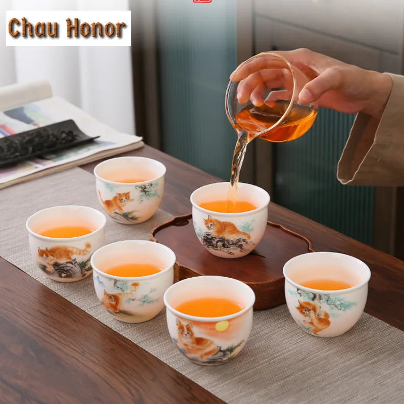 165ml Cute Cat Teacup Chinese Sheep Fat Jade Porcelain Cup Beautiful Tasting Cup Personal Master Tea Bowl Teaware Tea Ceremony