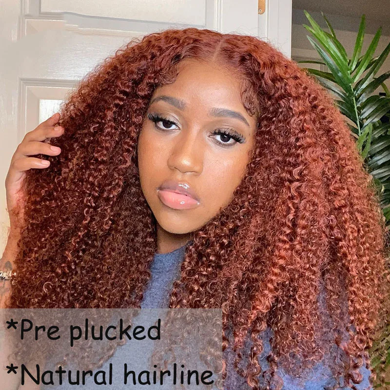 250% Reddish Brown Kinky Curly 30 40 Inch 13x4 Lace Front Human Hair Wig Colored Pre plucked with Baby Hair
