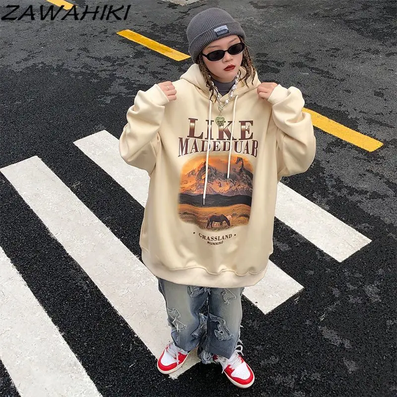 

ZAWAHIKI Cotton Fashion Vintage Hiphop New Designed Chic Oversize Long Sleeve Sweatshirt High Street Letter Grunge Graphic Tops