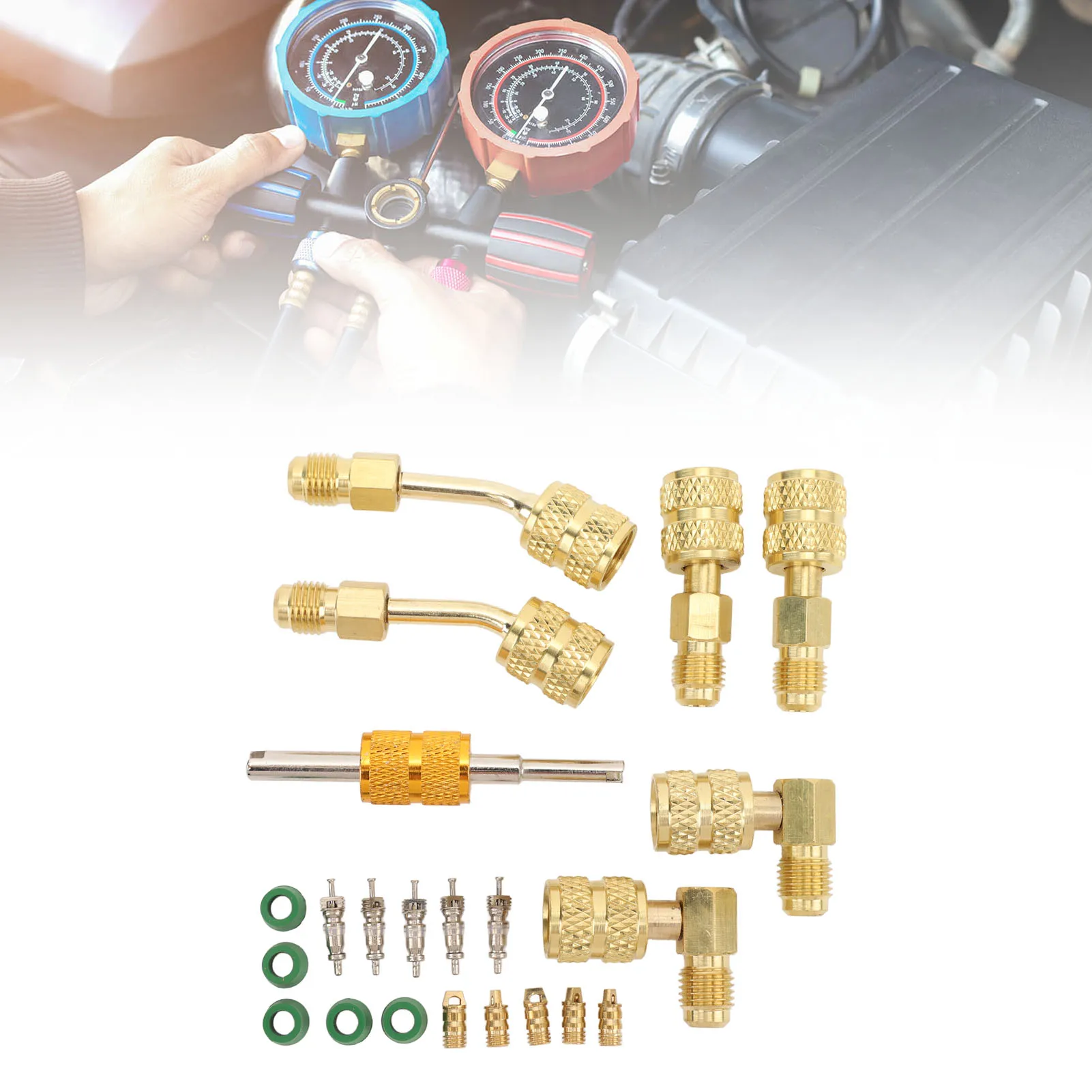 R410A Adapter Kit with Valve Core Remover 5/16 to 1/4in HVAC Refrigerant Hose Adapter for R410A Mini Split Air Conditioner