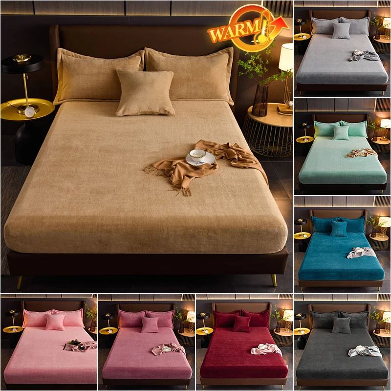 Milk Velvet Bed Cover Fitted Sheet Elastic Fluffy Winter Warm Mattress Cover Soft Couple Luxury Double Bed Bedding For Home