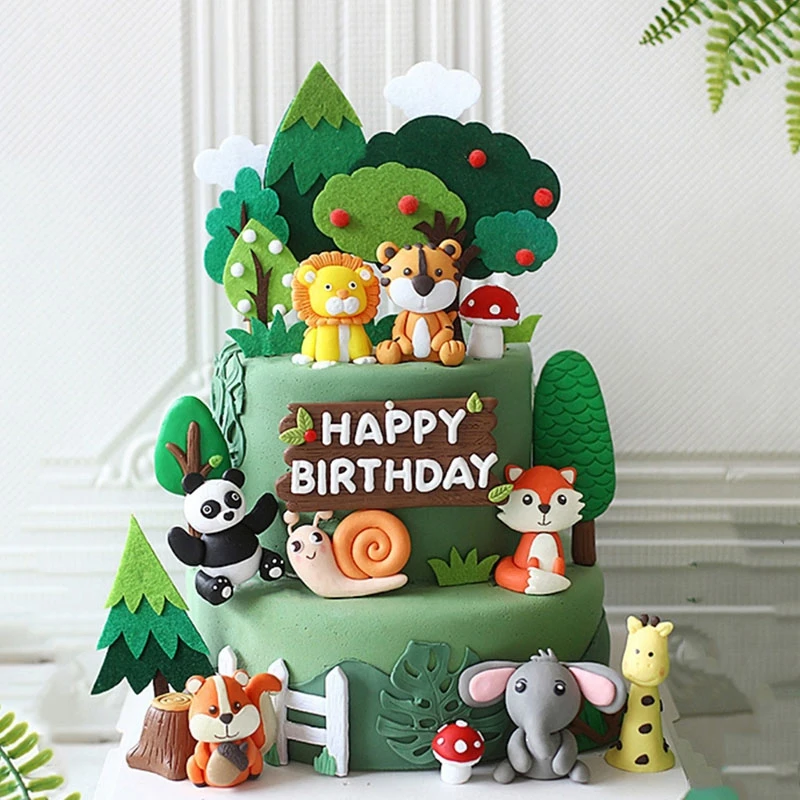 Tiger Löwe Elefant Fuchs Kaninchen Tiere Puppe Geburtstag Kuchen Dekor Granne Baum Wald Party Kind Kinder Geburtstag Baby Dusche Backen