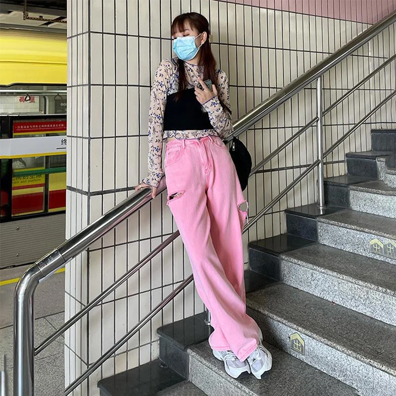 Pink Y2k Aesthetic Ripped Jeans Women 