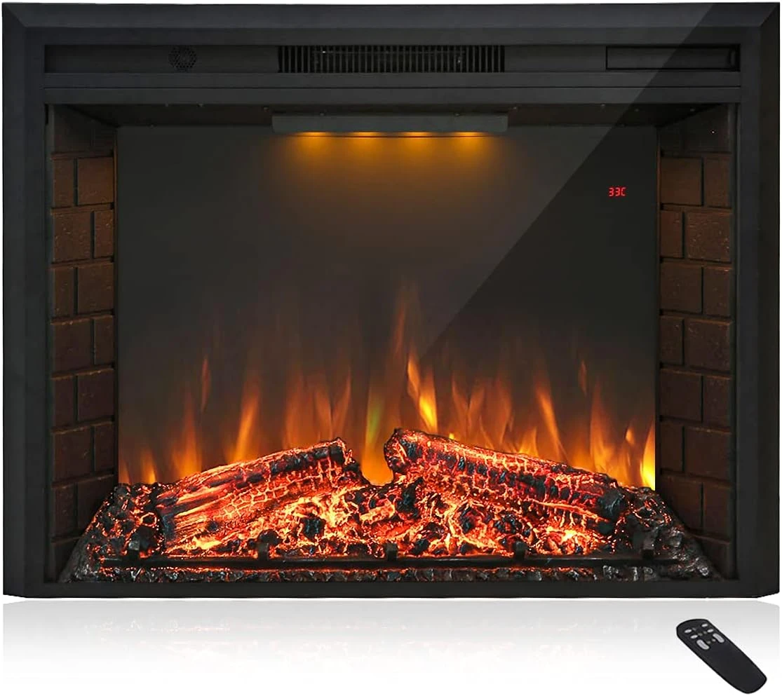 36'' Electric Fireplace Insert, Retro Recessed Fireplace Heater with Fire Cracking Sound, Remote Control & Timer, 750/1500W