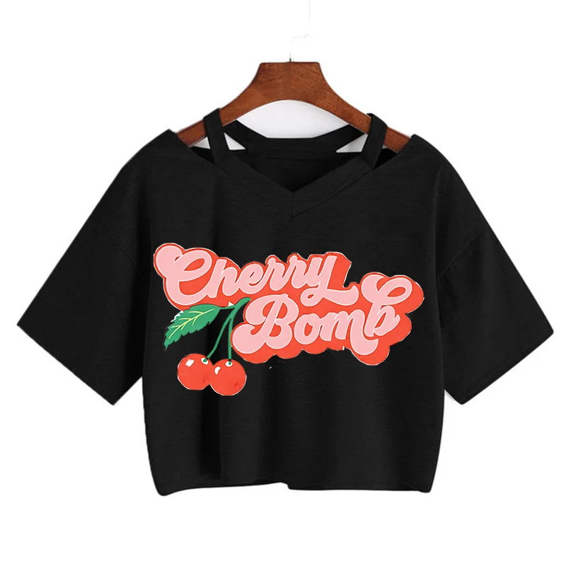 ★KIRSH★ Melting Cherry Print Crop T-Shirt Black KIRSH Small Cherry Crop Tee Shirt Black | Crewneck for Women
