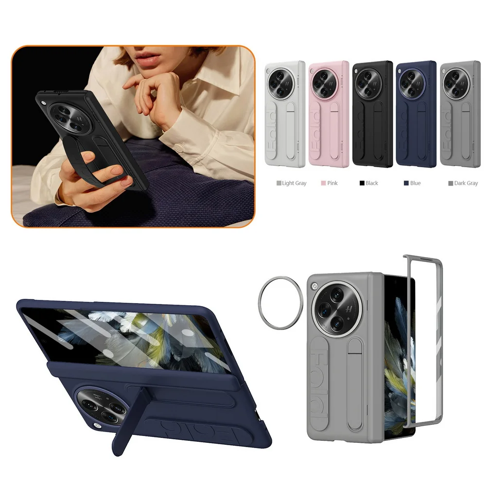Multifunctional Kickstand Wrist Strap Case with Folding Tempered Glass and Camera Protective Cover
