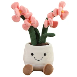 Smiling Plush Orchid Flower Potted Pillow Stuffed Doll - Pink and Green Home Decor Plushie with Legs - 35cm (Pink orchid)