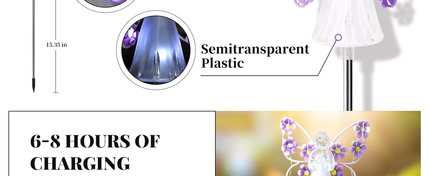 Angel garden LED stake light glowing at dusk