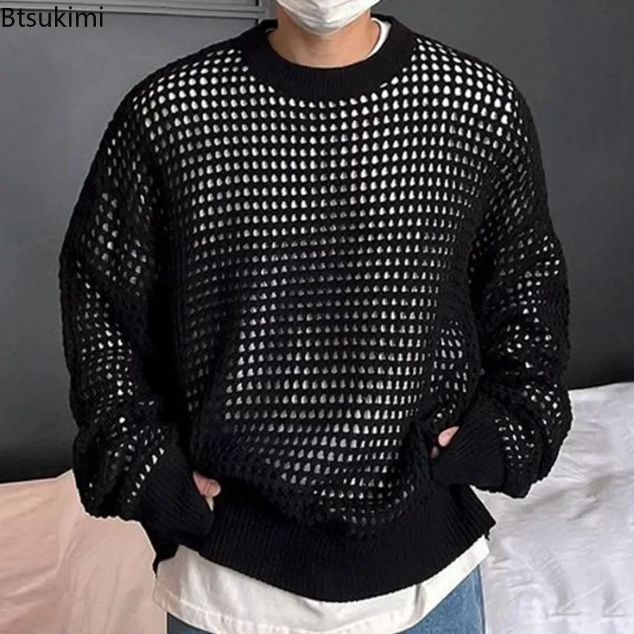 New 2024 Men's Fashion Jumpers Knitted Sweater Tops Spring Autumn Knitted Solid Casual Hollow Mesh Long Sleeve Tops Male Clothes men knitted o neck pullover sweater colour blocking long sleeve slim fit jumpers casual male wear 2023 autumn winter warm tops