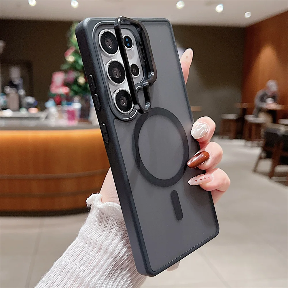 MagSafe Matte Magnetic Phone Case with Flip Lens Bracket & Wireless Charging Cover