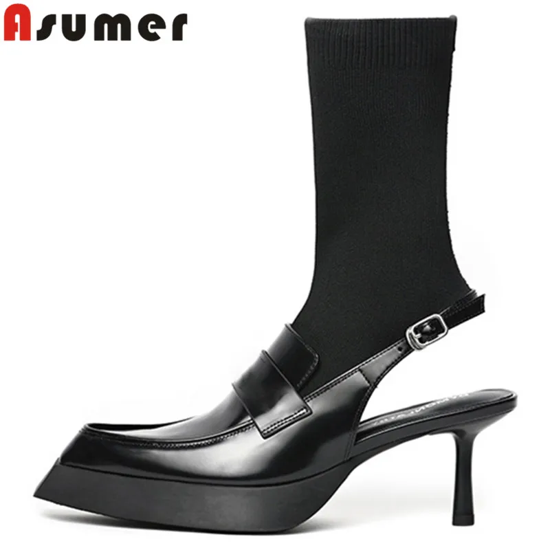 

ASUMER 2023 New Genuine Leather Women's Boots Thin High Heels Slingbacks Summer Boots Buckle Ladies Platform Mid Calf Boots