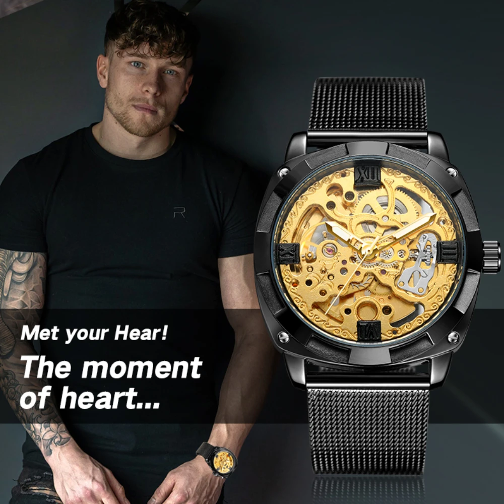 

Transparent Skeleton Gold Black Men's Watch Mechanical Vintage Engraved Automatic Self Wind Stainless Steel Band Wristwatch Gift