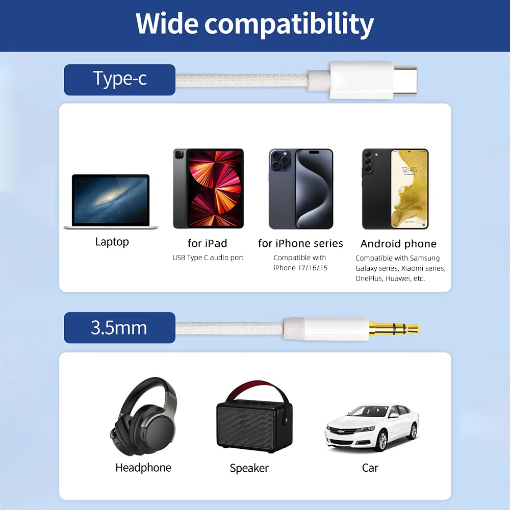 AUX Audio Cable Type C USB C to 3.5mm Jack AUX Cord Car Speaker Headphones Adapter for iPhone 17 16 15 for Samsung Galaxy Xiaomi