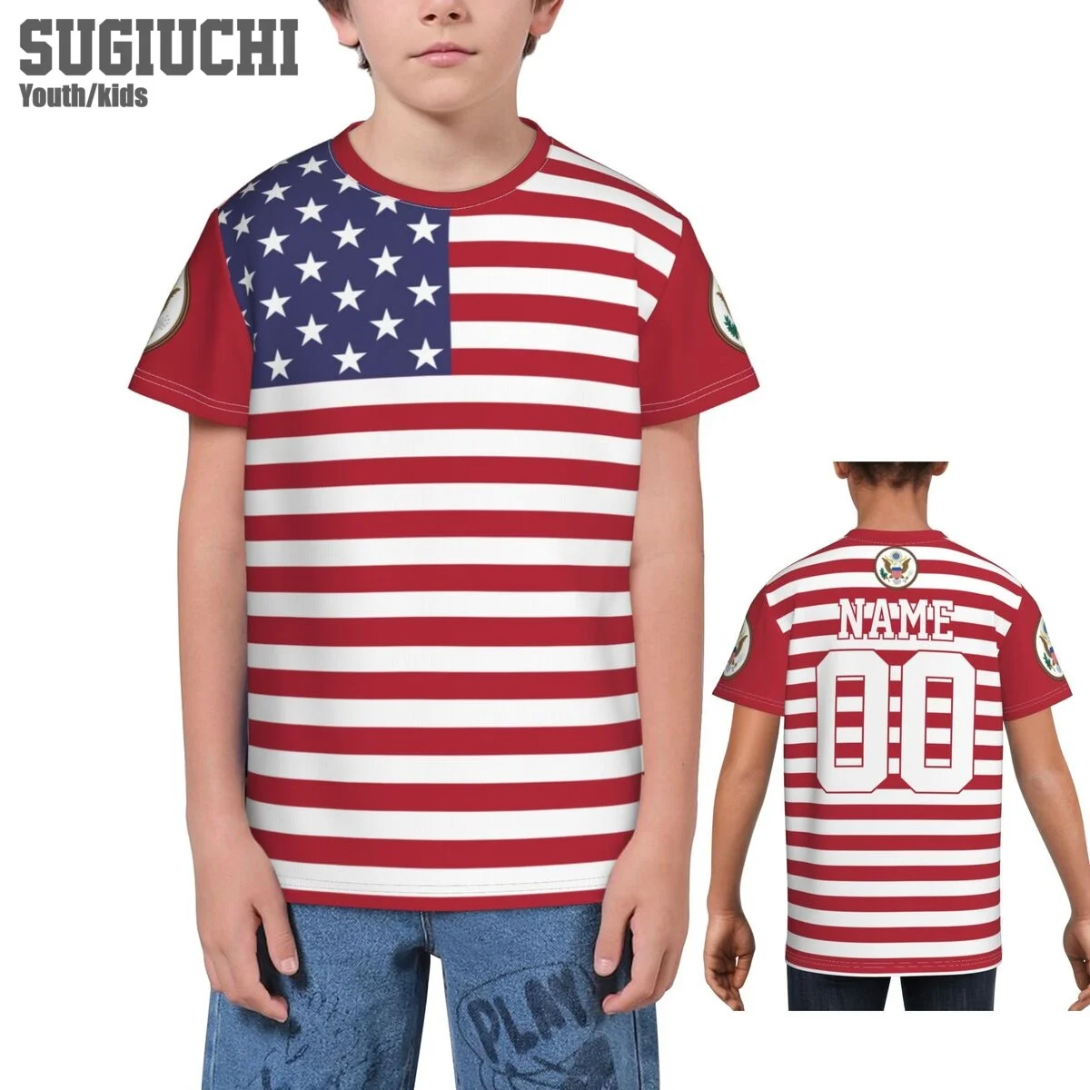 

Custom Name Number American USA United States Flag Emblem 3D T-shirts For Kids Youth Boy/Girl Tees jersey Soccer Football Fans