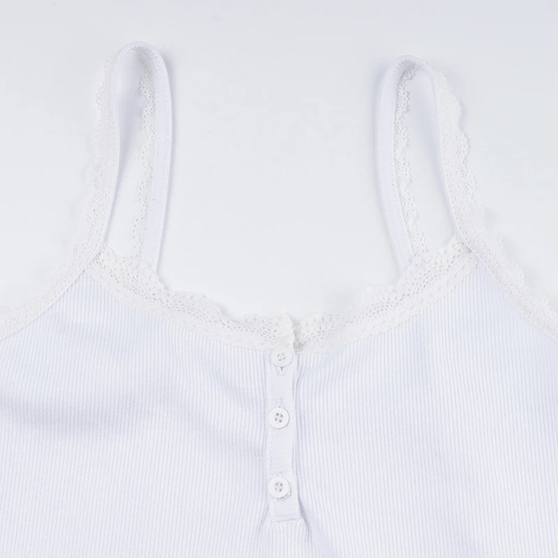 Button Up Lace Square Collar Slim White Camisole Women Y2K Basic Casual Cute Crop Top