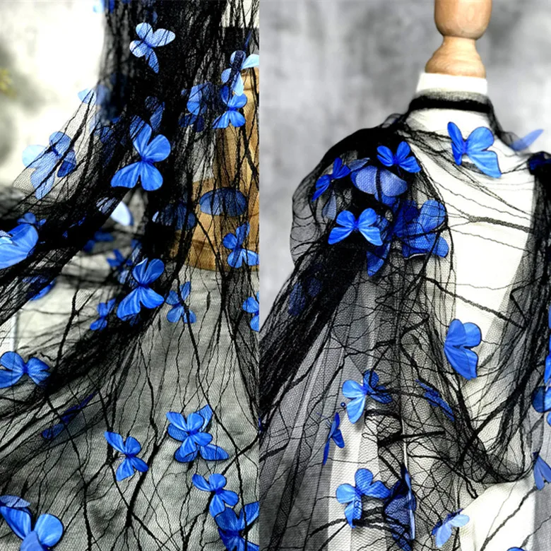 Black Transparent Blue 3D Butterfly Flower Lace Mesh Fabric Transparent Wedding Dress Designer Fabric