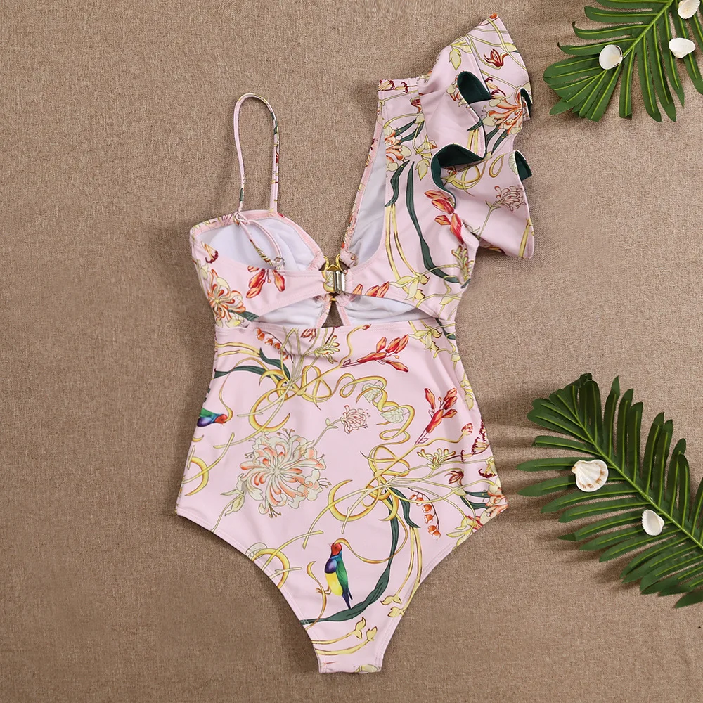 New Swimsuit Women's Bikini One-shoulder Ruffle Print One-piece Pool Swimwear Ladies Tube Top Beachwear