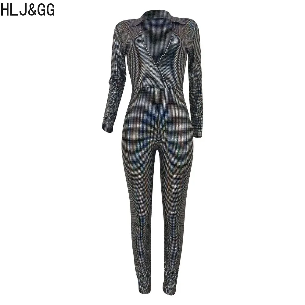 HLJ&GG Sexy Deep V Glossy Bodycon Party Nightclub Jumpsuits Women Long Sleeve Slim Playsuits Female Solid Color Overalls Clothes