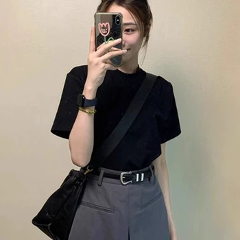 Summer Women's Retro Black Short-sleeved T-shirt Women's Pure Cotton Inner Fashion Bottoming Shirt Solid Color T-shirt Top 1