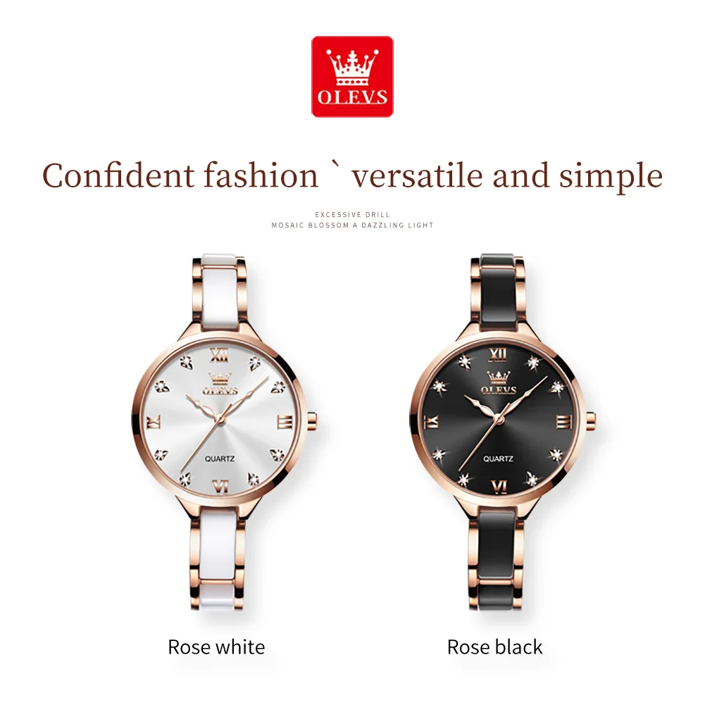 OLEVS Quartz Watch for Women Waterproof Ceramic Strap Diamond Inlay Fashion Elegant Ladies Wristwatches Gift Box Set Reloj Mujer