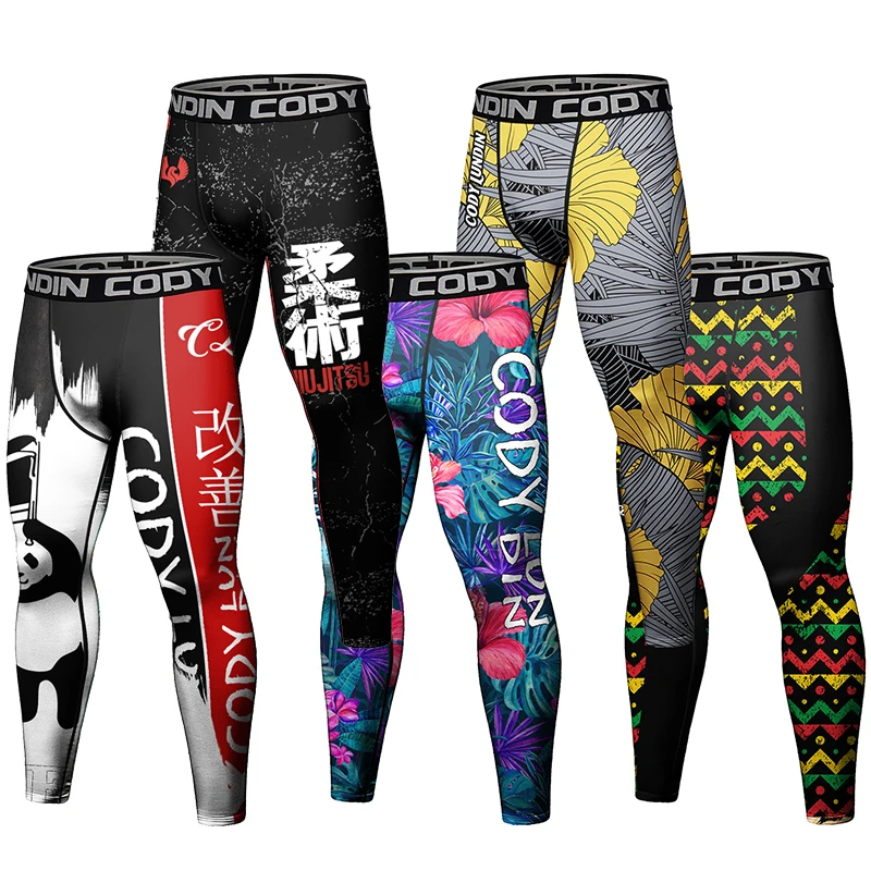 Mens Sports Pants Cody Lundin Printed Flower Fitness BJJ Jiu Jitsu Trousers Anti-UV Male Sublimation Exercise Jogging Running Leggings