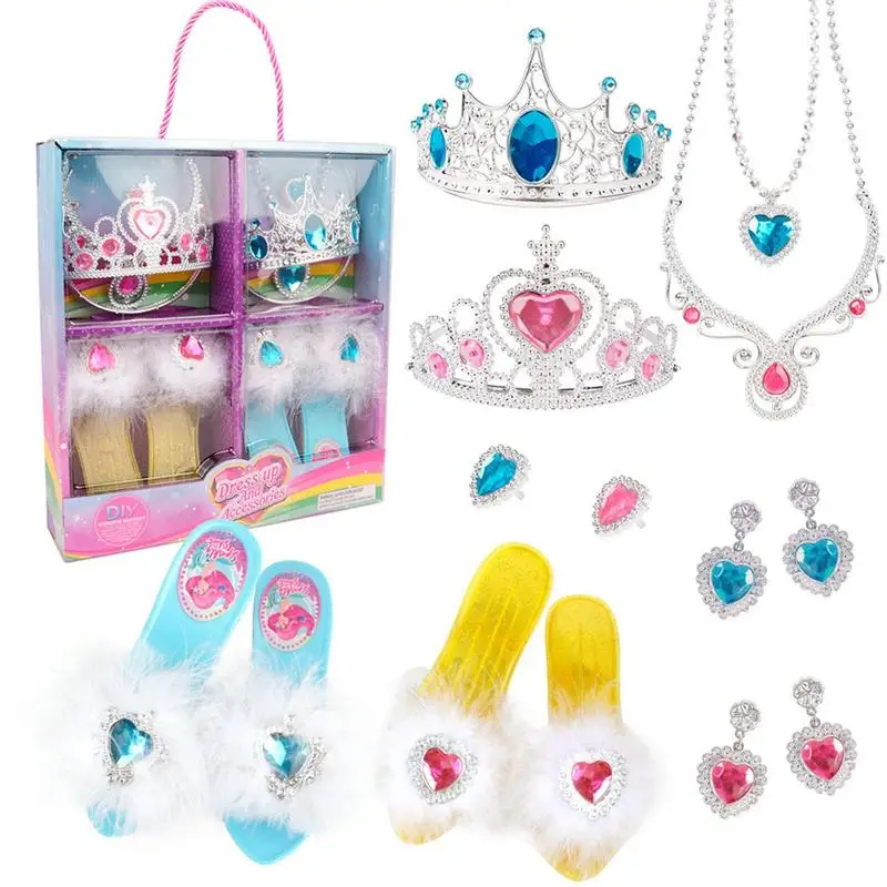 Princess Dress Up Toys Princess Jewelry Decorate Necklace Earrings Shoes Pretend Play Sets Gift For Girls Party Favors