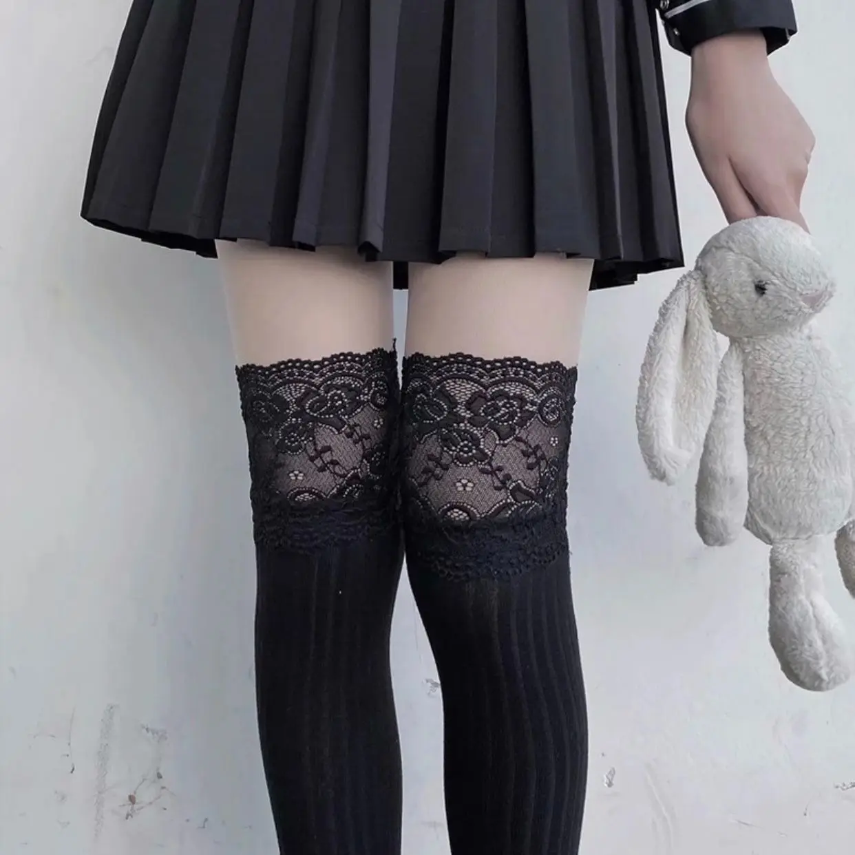 4Pairs Girls Cute Gothic Lace White Black Bow Y2k Cosplay Stockings Women Mesh Japanese Style Lolita Knee Thigh High Long Socks 4