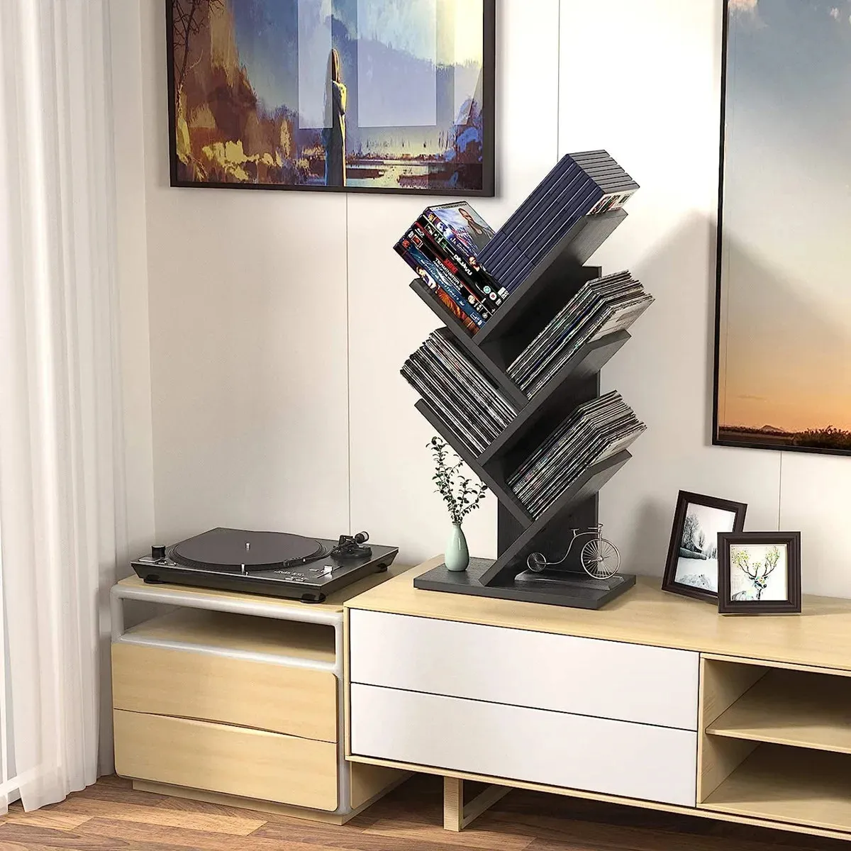 4-Tier Tree Bookshelf Book Storage Organizer Shelves Floor Standing Bookcase for Cd/Magazine/Books