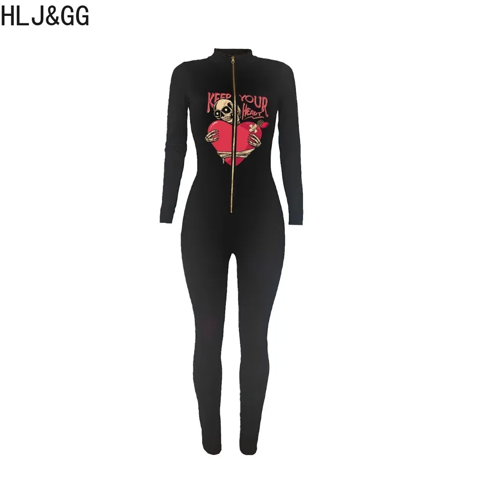 HLJ&GG Sexy Pattern Printing Bodycon Jumpsuits Women Zipper Long Sleeve Skinny Pants One Piece Playsuits Casual Sporty Overalls
