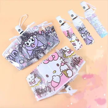 Kt Kawaii Sanrio 헬로 키티 쿠로미 시나모롤 애니메이션 피규어, 자동 접이식 우산, 투명한 두꺼운 바람 우산, 비옷