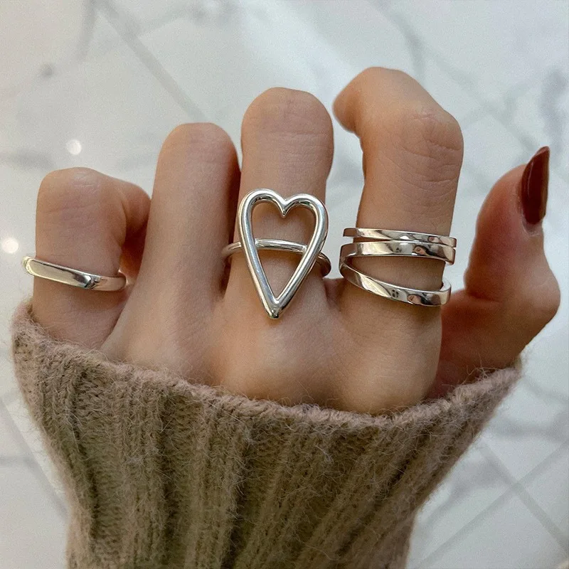 

925 Sterling Silver Large Hollow Heart Ring for Women Girl Party Gift Sweet Three Layer Trendy Daily Fine Jewelry Dropshipping