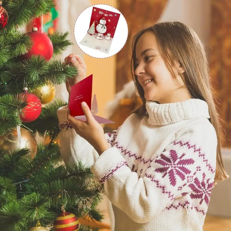 Merry Christmas Cards 3D Pop-up Greeting Cards Envelope Santa Claus Snowman Laser Xmas Happy New Year Greeting 6/1PC