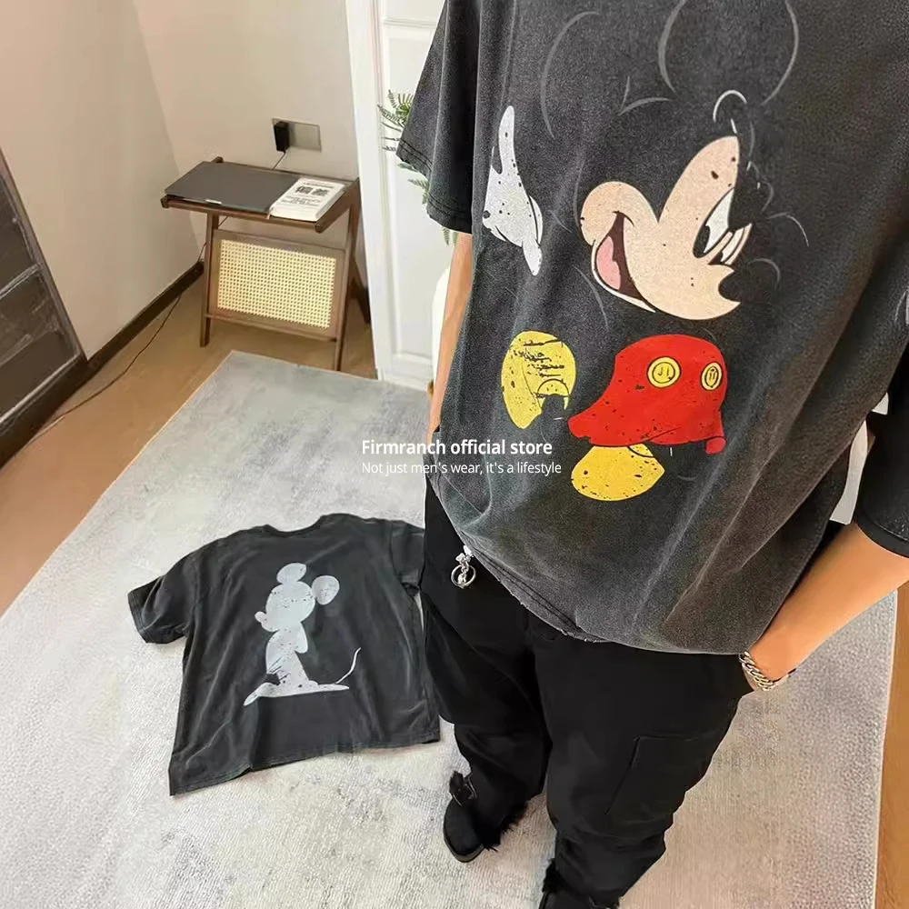 

Firmranch 2024 Vintage Wash Old Black Cartoon Printed T-Shirts For Men Women Couples Loose Short Sleeve Tees Summer Streetwear