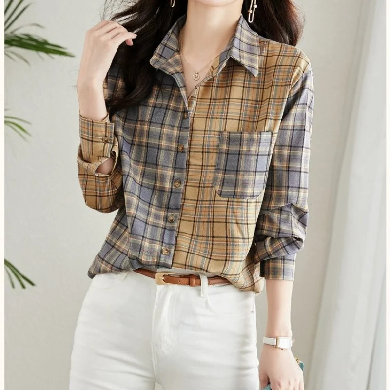 Korean Spring Autumn Women Clothing Plaid Shirts Pocket Simple Vintage Fashion Casual All-match Long Sleeve Pretty Chic Blouses