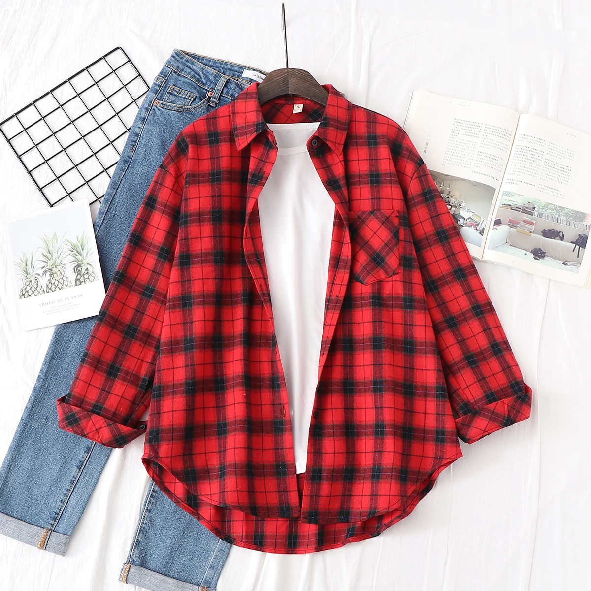 

2022 Autumn Loose Casual Womens Plaid Shirt Fresh College Style Long Sleeve Blouses And Tops Female Flannel Checked Clothes