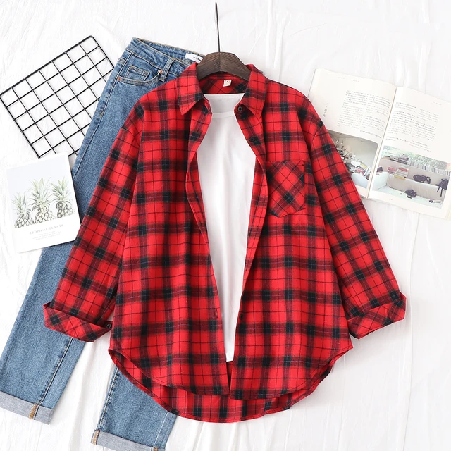 Shirt Flannel Checkered Ladies  Female Shirt Plaid Flannel - 2023 Autumn  Loose - Aliexpress