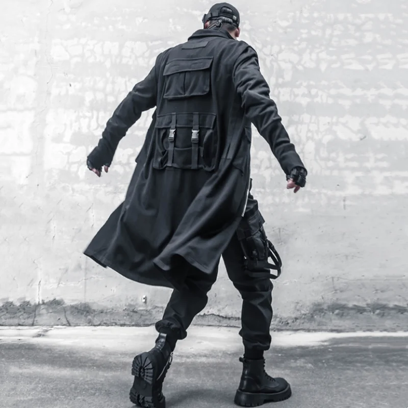 Techwear Style Multi-pocket Patchwork Design Mid-length Trench Coat Mens Clothing Y2K High Street Tactical Function Jackets