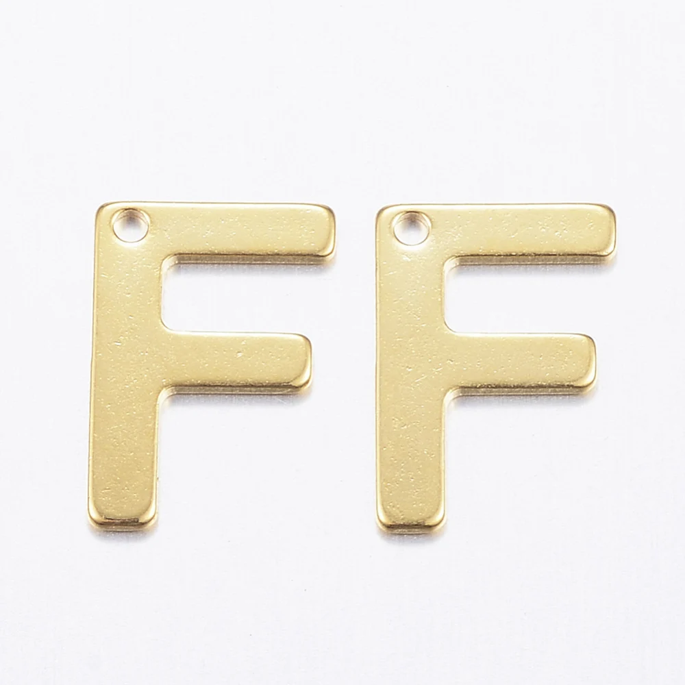 

10pc 304 Stainless Steel Charms Letter.F Real 18K Gold Plated 11x8x0.8mm Hole: 1mm
