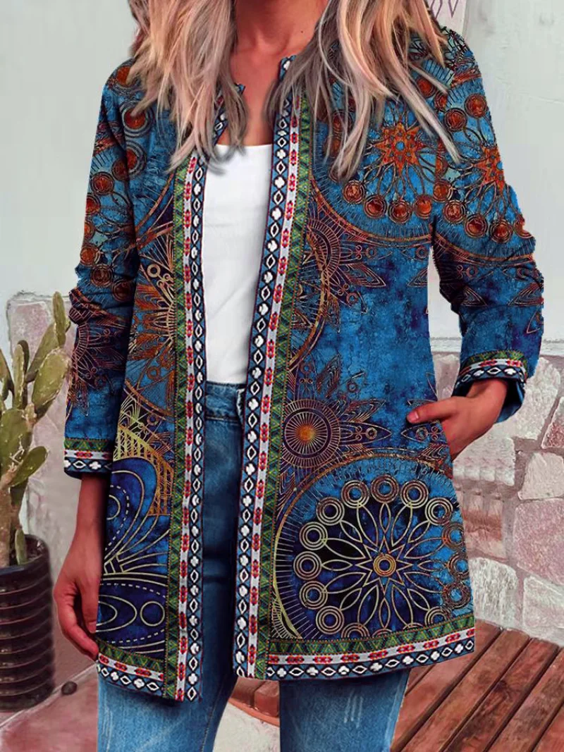 

Spring/Autumn Women's New National Style Printed Long-Sleeved Cardigan Jacket