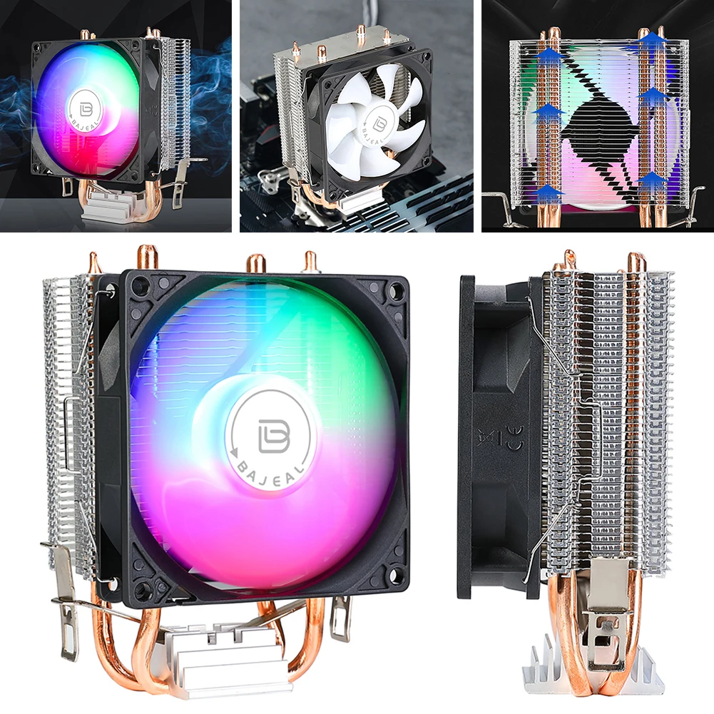CPU 쿨러, 히트 파이프 2 개 포함, CPU 에어 쿨러, 인텔 LGA775, 1150, 1151, 1155, 1156/1200, AMD AM2 용, 3 핀 저소음 레인보우 RGB 냉각 선풍기