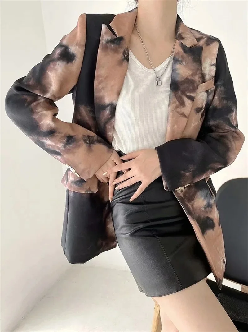 Ink Printed Patchwork Blazer  Women Vintage Single Button Mid-Length Casual Office Blazer Suit New Fashion Streetwear Simple