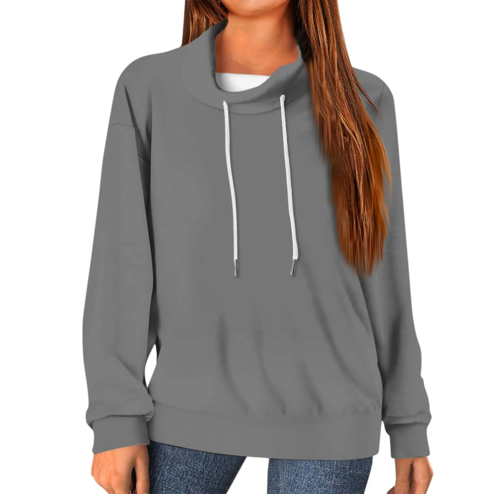 

Women Oversized Hoodies Half High Collar Long Sleeve Drawstring Workout Solid Sweatshirt Female Casual Pullovers 2023 New