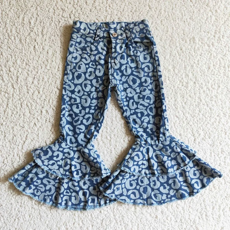Wholesale Toddler Blue Leopard Bell Pants Kids Garments Baby Girl Double Ruffle Denim Clothes Spring Fall Children Pocket Jeans