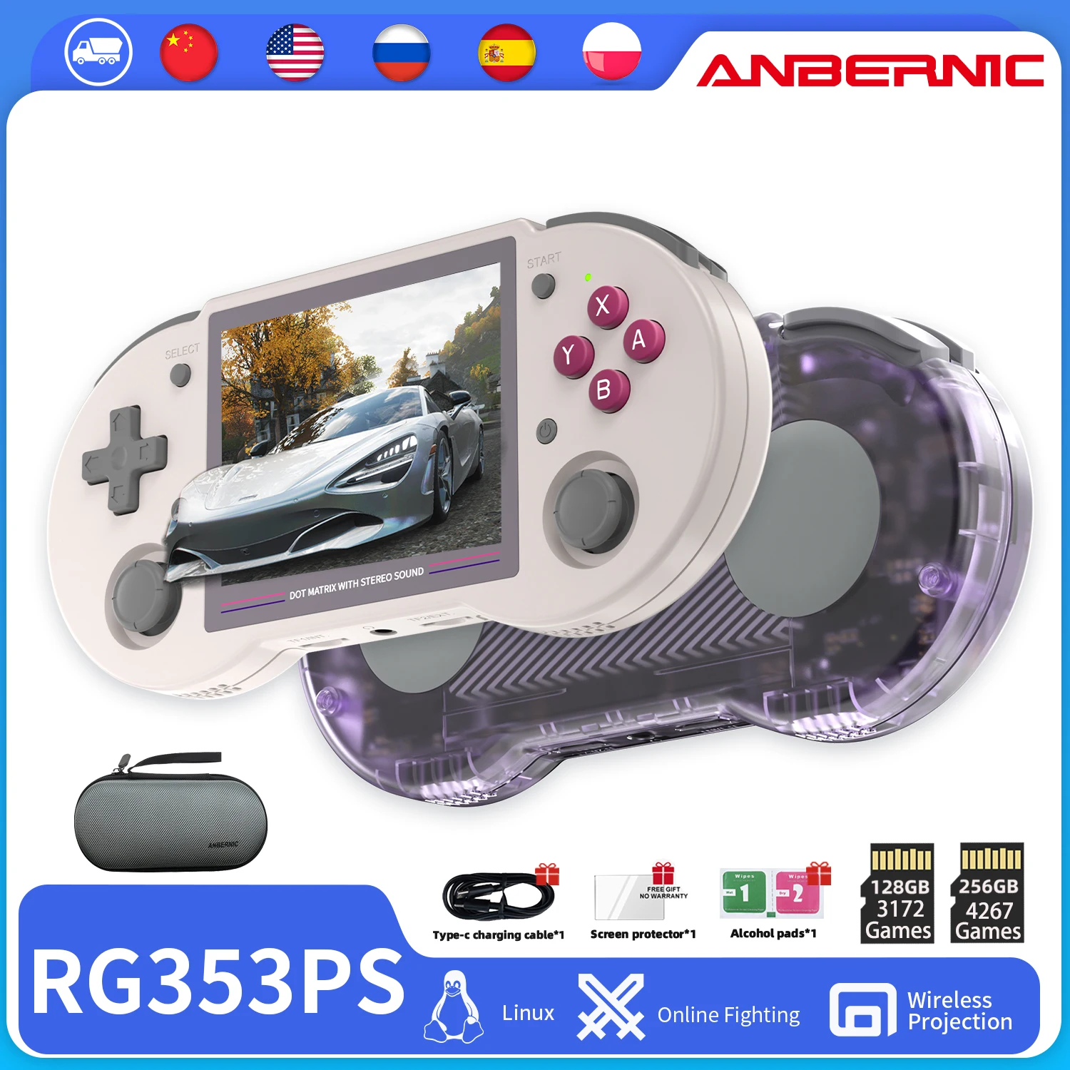 ANBERNIC RG353PS Console de jeu 128 Go Carte TF Gris