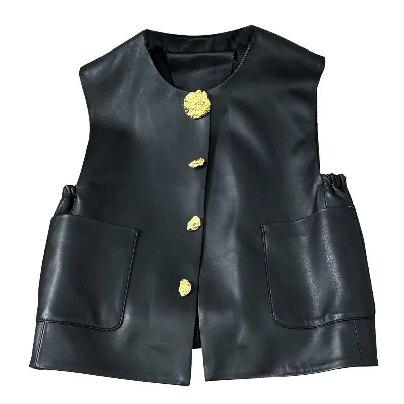 Spring Autumn New High-End Temperament Light Luxury Leather Vest Fashion Design Solid Color Cardigan Jacket Women's Vest Coat 3