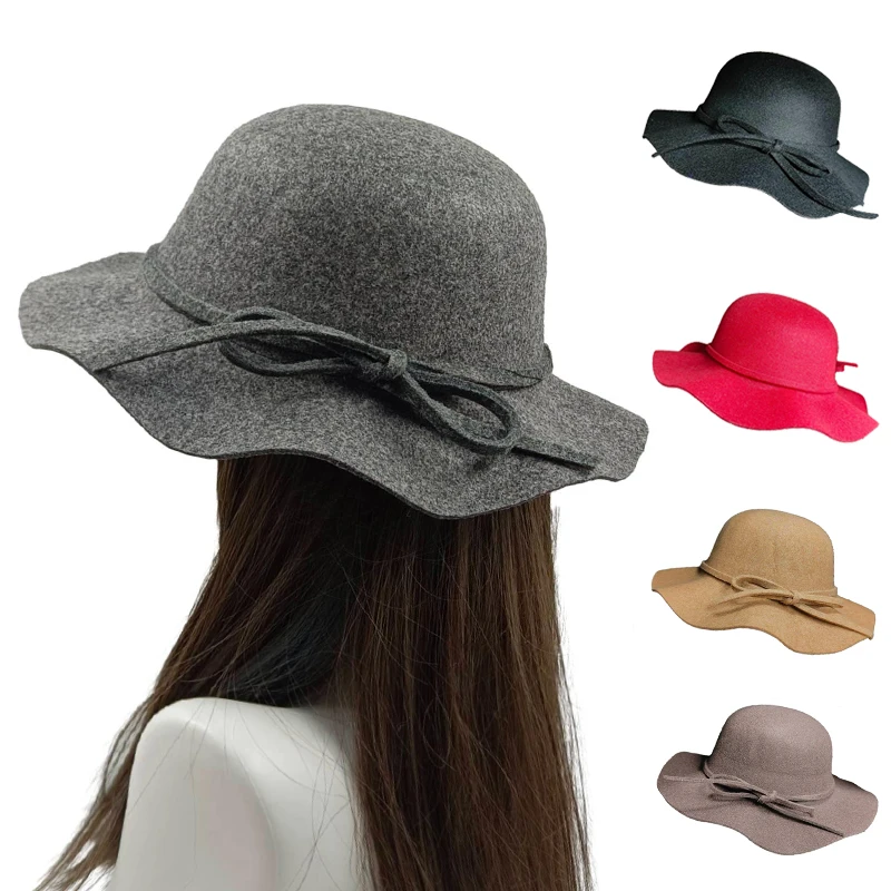 

Fedora Hat Women's Autumn Wave Curled English Retro Versatile Fisherman Hat Fashion Hepburn Style Woolen Top Hat Wholesale