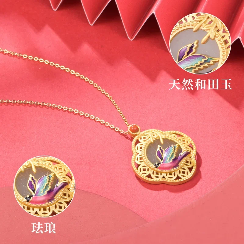 Chinese Style 925 Silver Gold-plated Hollow Out Natural Hotan Jade Colorful Swallow Pendant for Women Party Gift Without Chain