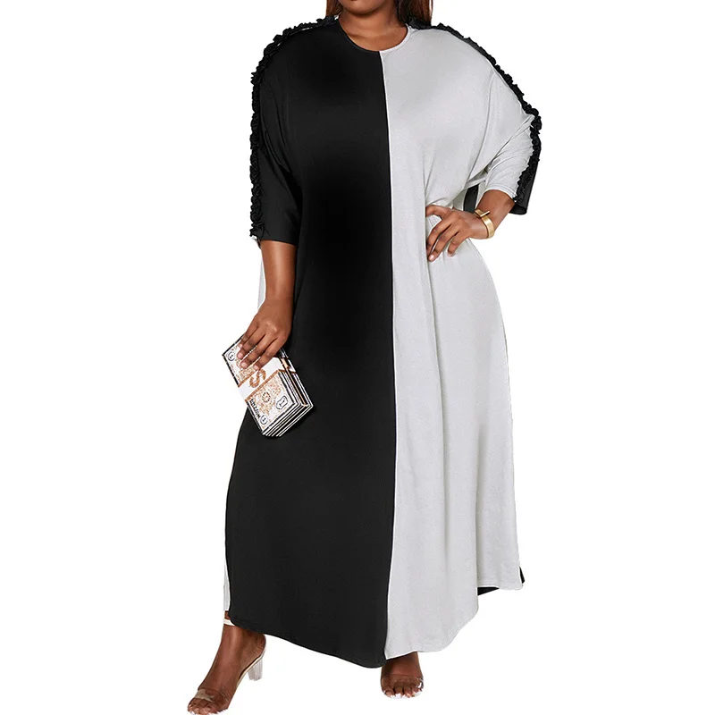 Spring Summer Bicolor Color Blocking Round Neck Fashion Batwing Half Sleeve Casual Loose Pleated Plus Size Maxi Dress for Women