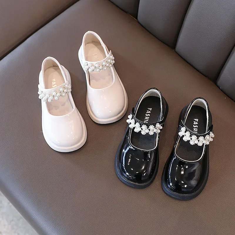 Girls Patent Leather Shoes for Wedding Party Black White School Shoes Kids Pearl Princess Fashion Versatile Mary Janes