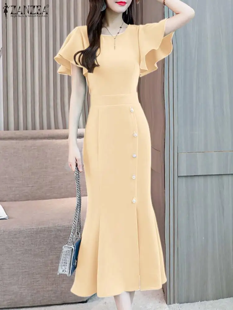 

2023 Vintage Split Fishtail Dresses ZANZEA Elegant Women Midi Dress Fashion Round Neck Party Robe Ruffle Sleeve Evening Vestidos